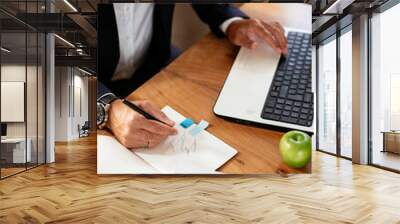 Close up of man`s hand working on laptop. Young businessman using laptop in his office Wall mural